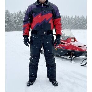 Vintage 90s Cold Wave Leather Snowmobile Jacket Bib Set Men's M Purple Red Black